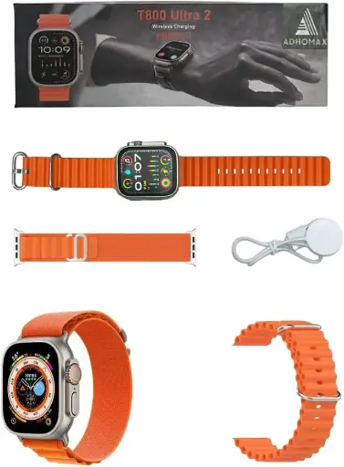 New Adhoomax T800 Ultra 2-Plus Smartwatch, Stylish 2.2-inch Design, NFC, Fitness Tracker, Heart Rate Monitor, Oxygen Monitor, Calls, Wireless Charging | iOS & Android for Men & Women (Orange + Nylon)